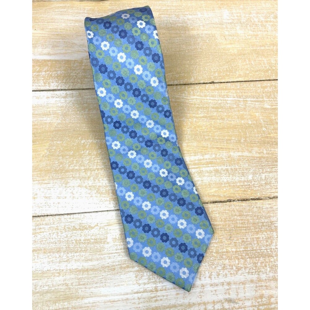 Perry Ellis Portfolio Blue Green Spring Daisies 100% Silk Mens Neck Tie 59"x 3.5